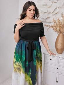 Modelyn 夏季加大尺碼優雅的水洗印花露肩帝國腰連衣裙 - 彩色 - 查看 7