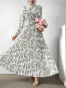 Mulvari Women's Spring/Summer Floral Print Ruffle Hem Belted Long Sleeve Pleated Hem Elegant Dress Maxi Women Outfit