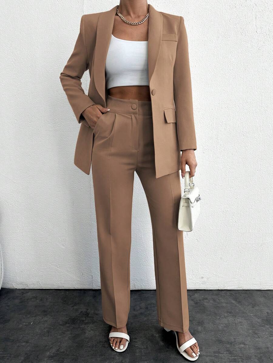 EURMUSE Costume élégant unicolore pour femme avec col Mandarin sombre pour le travail, un bouton et manches longues à pantalon long pour les déplacements