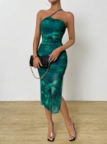 Chiquease 女士夏季扎染印花单肩优雅连衣裙，腰部褶皱长款女士服装 - 綠色 - 查看 1