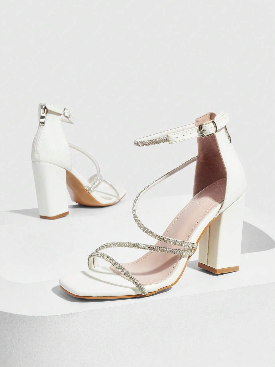CUCCOO CURVES CUCCOO Plus Size Wide Last Open Toe Thick High Heels Sandals With Rhinestone Decorated Straps Vacation Shoes Summer
