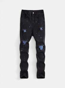 Tween Boy Casual Slogan Printed Short Sleeve T-Shirt With Ink Splatter Ripped Jeans Set - Multicolor - View 11