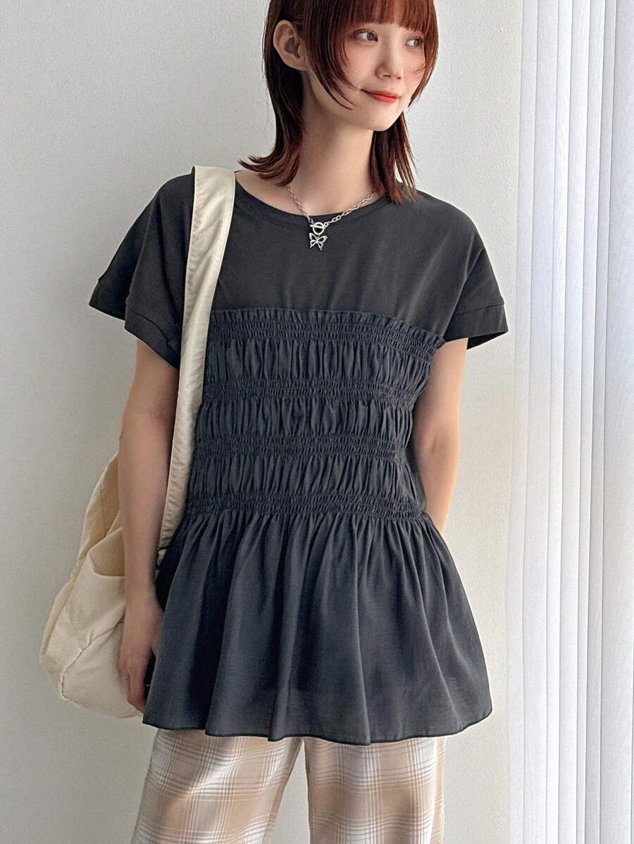 FRIFUL Women's Summer Solid Color Round Neck Short Sleeve T-Shirt With Ruffled Hem