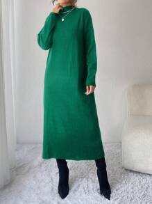 EURMUSE Damski Stójka Opuszczane ramiona Długi Rękaw Suknie Dresowe Z Prążkowany Detal - Zielony - Zobacz 3