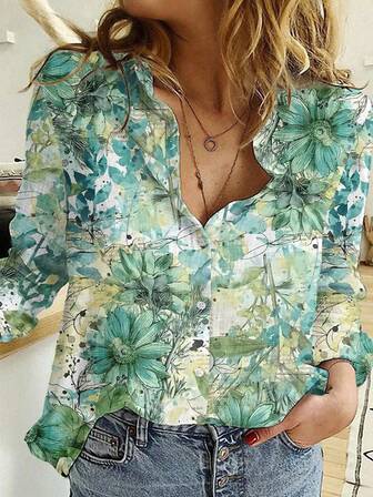 Mother's Day Floral Print Vacation Shirt, Casual Button Down Long Sleeve Blouse, For Women