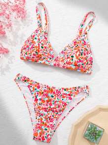 SHEIN Teen Girl Floral Print Halter Bikini Beach Vacation Swimwear Set