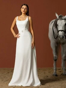 Simple Square Neckline Spaghetti Strap French Style Bridal Dress, Lightweight - White - View 5