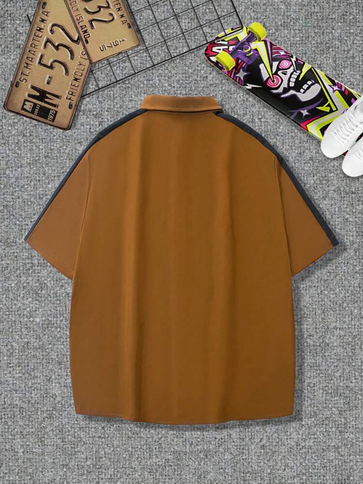 Men Plus Size Summer Loose Fit Casual Shirt With Letter Print And Color Blocking Short Sleeves