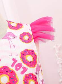 Young Girl Lovely Cartoon Mesh Layered Dress, Sweet Birthday Party Dress For Summer