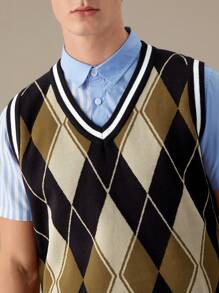 Manfinity RebelGame Áo len nam họa tiết Argyle sọc sọc, đi học lại - Nhiều màu - Xem 2