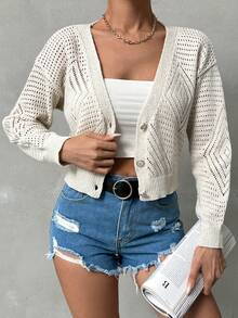 SHEIN Tall WOMEN CASUAL JACUARD CARDIGAN - Apricot - View 3