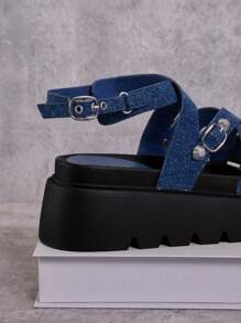 SHUZIA Women's Solid Color Cross Strap Thick-Soled Sandals