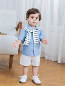 SHEIN 父親節家庭配對裝嬰兒男女，3件/套休閒夏季短袖印花襯衫、短褲和披肩，適合生日派對、洗禮、1歲生日慶祝會、晚會、表演、婚禮和其他場合