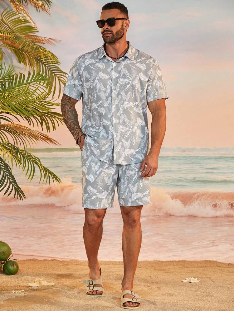 Plus Size Allover Print Button-Up Short Sleeve Shirt And Shorts Casual Set For Summer