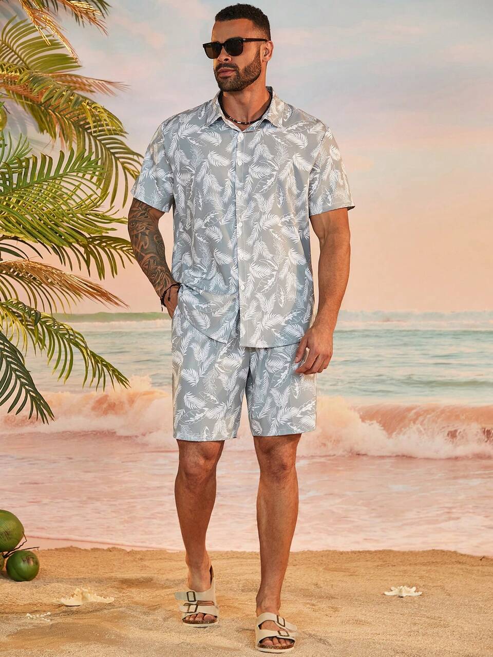 Plus Size Allover Print Button-Up Short Sleeve Shirt And Shorts Casual Set For Summer