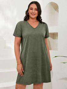 RueChic Plus Solid V Neck Tee Dress - Army Green - View 1