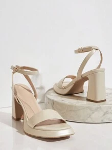 SHUZIA Sandalias de tacón alto para mujeres, sólidas en color, modernas y versátiles - Beis - Ver 2