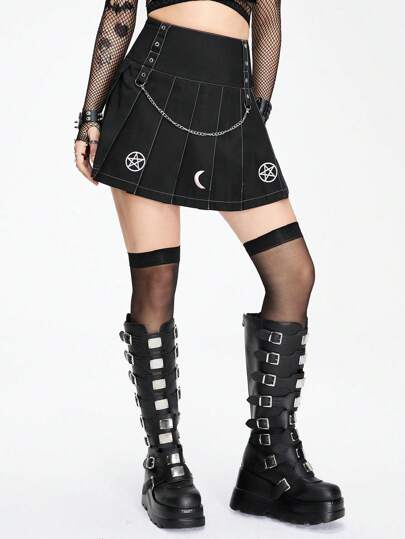 Gothic Style Women's Pleated Skirt With Embroidered Pentagram And Moon, Waist Chain Decoration