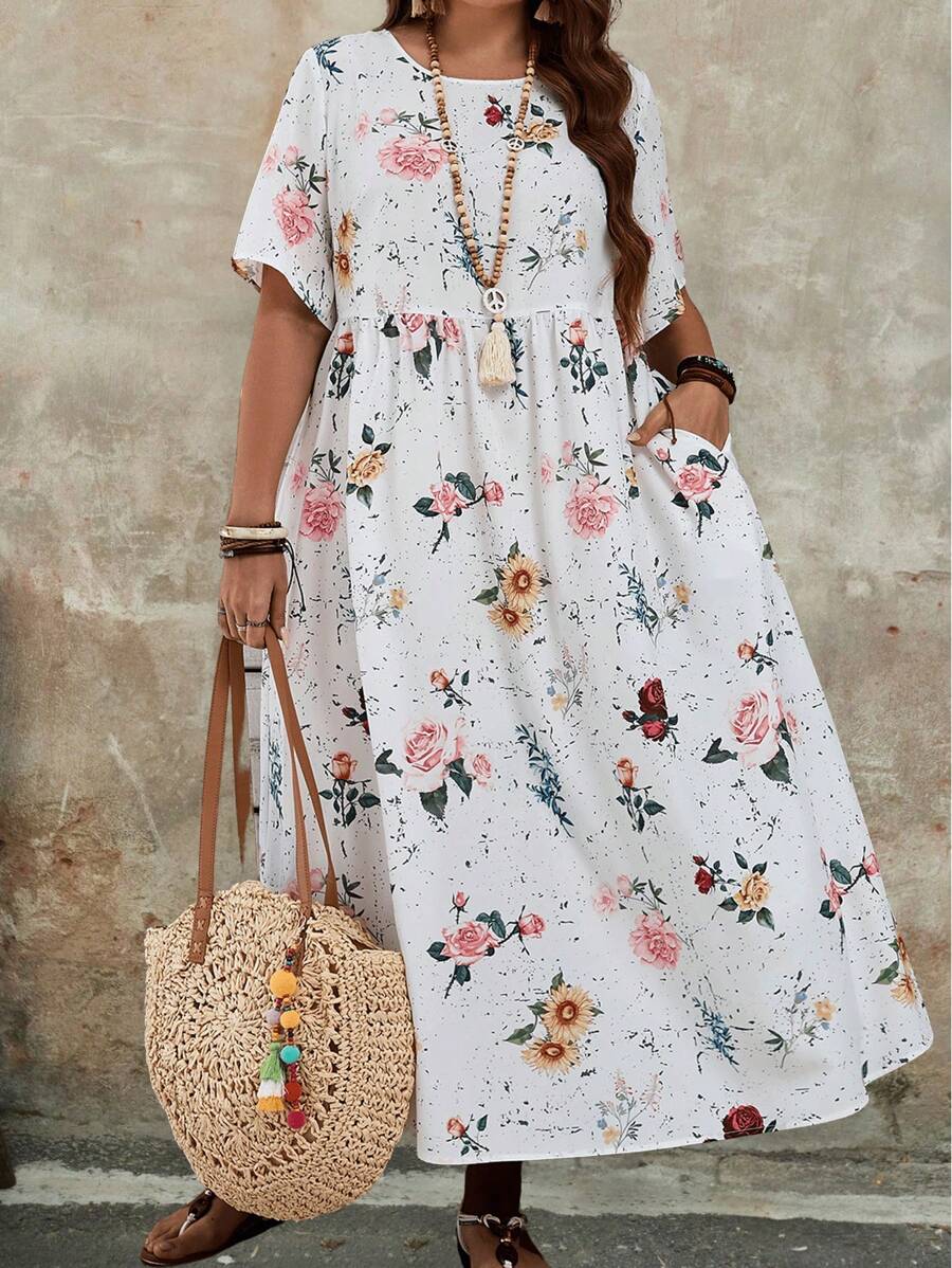 EMERY ROSE Plus Size Women's Colorful Floral Printed Short Sleeve Vacation Long Summer Dress - White - View 1