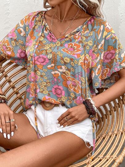 SHEIN LUNE Summer Clothes Plus Size Vacation Style Printed Short Sleeve Women Shirts