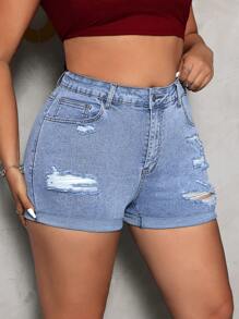 SHEIN EZwear 大尺碼純色簡約日常風格破洞牛仔短褲 - 淺色水洗藍 - 查看 5