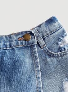 SHEIN Girlism 春夏款青少女波西米亞風撕裂高腰包襠牛仔裙短褲，兒童暑假服裝 - 中等水洗藍 - 查看 4