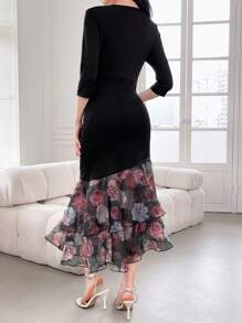 Modelyn Ladies' Fashionable Elegant V-Neck Bodycon Printed Splice Dress Long Evening Dresses