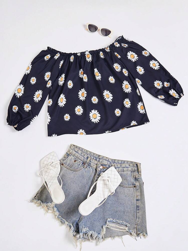 Women's Fashionable Off-Shoulder Shirt With Small Daisy Print
