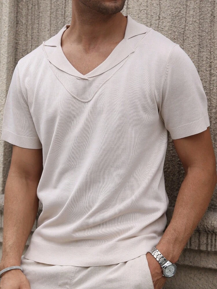 Men Summer Casual Solid Color V-Neck Short Sleeve Knitted Top