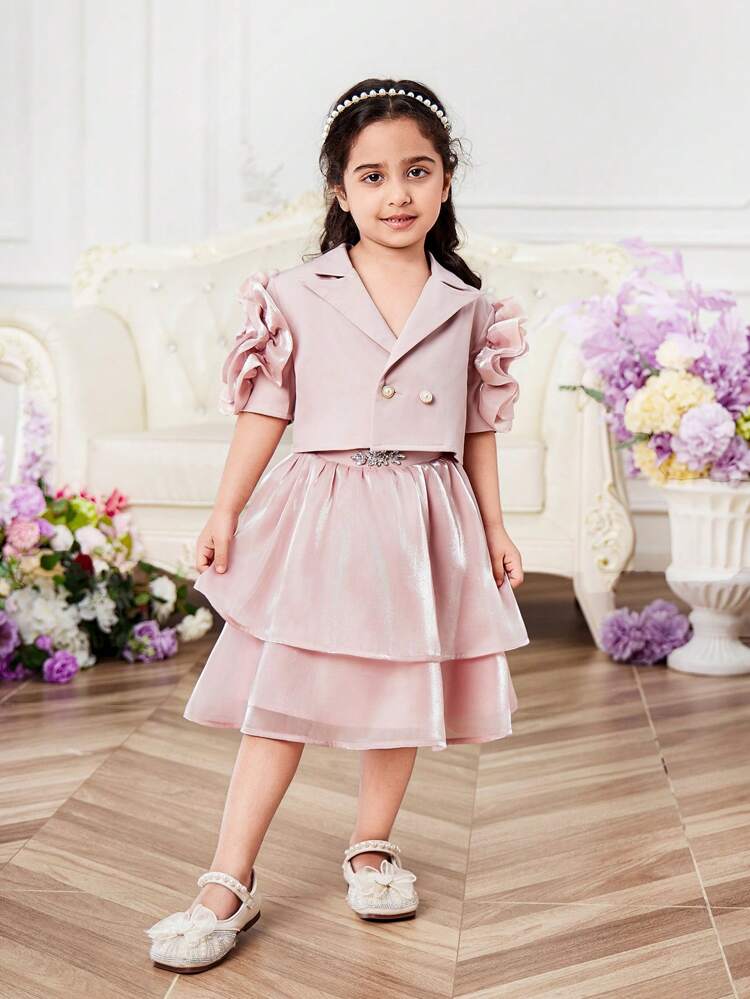 Young Girl Weaved Short Sleeve Cardigan With Three-Dimensional Flowers And Double-Breasted Closure Matched With Weaved Skirt