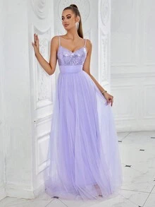 SHEIN Belle Women's Sleeveless Sequin Mesh Splice Bridesmaid Dress With Straps - Lilac Purple - View 6