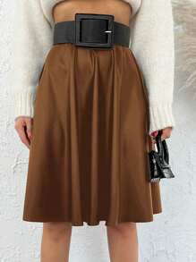 Solid High Waist Flare Skirt - Brown - View 4