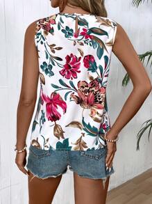 EMERY ROSE Summer Floral Printed Sleeveless Blouse With Round Neckline,Sleeveless Tops