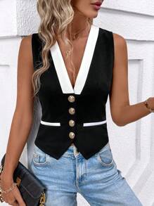 SHEIN Clasi Women Black & White Contrast Color Metal Button Sleeveless Vest
