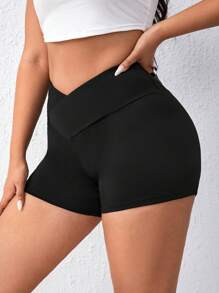 SHEIN Essnce Plus Overlap Waist Solid Cycling Shorts - Black - View 6