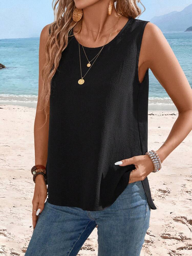 ラウンドネック ノースリーブ カジュアルシャツ レディース ルーズ 無地 バケーション