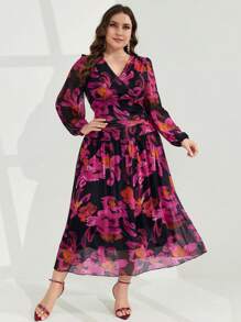 Modelyn Elegantes Kleid in großen Größen mit Ballonärmeln und floralem Allover-Muster mit geraffter Taille, Frühling/Sommer - Verschiedenfarbig - Übersicht 4