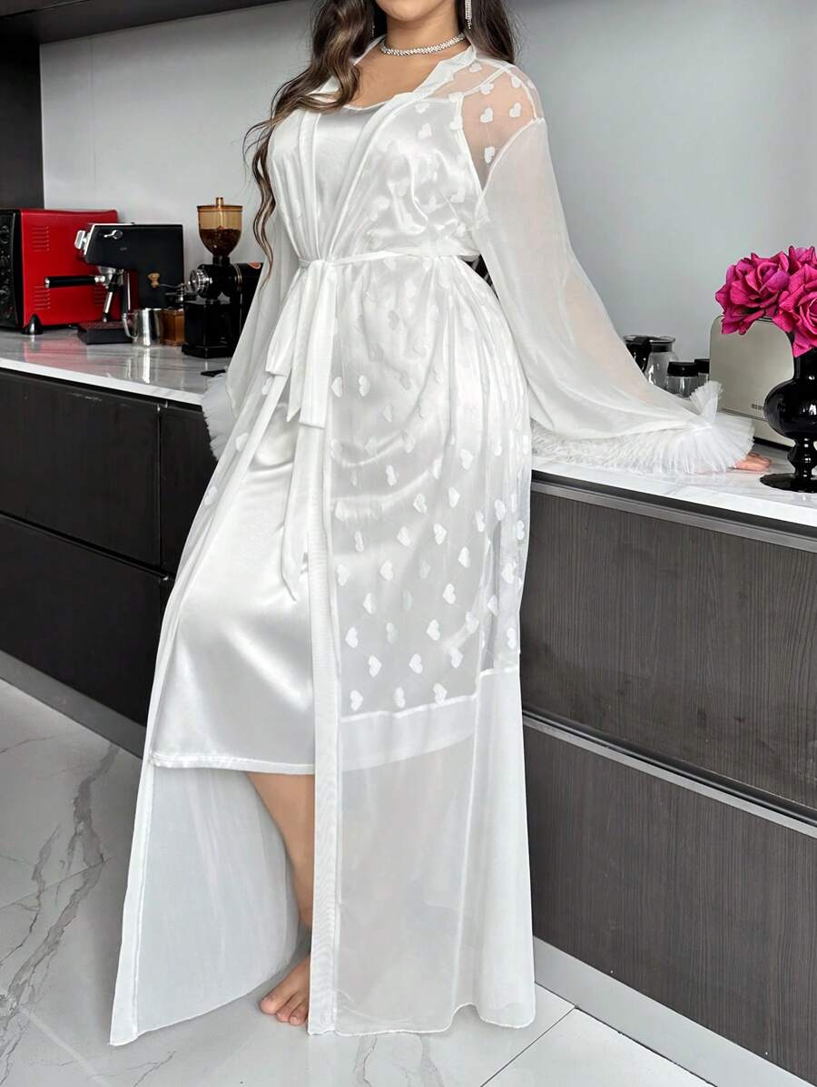 SilkySpell 2pcs Heart Pattern Mesh Robe With Wide Sleeves And Satin Slip Dress Set White Set - White - View 1