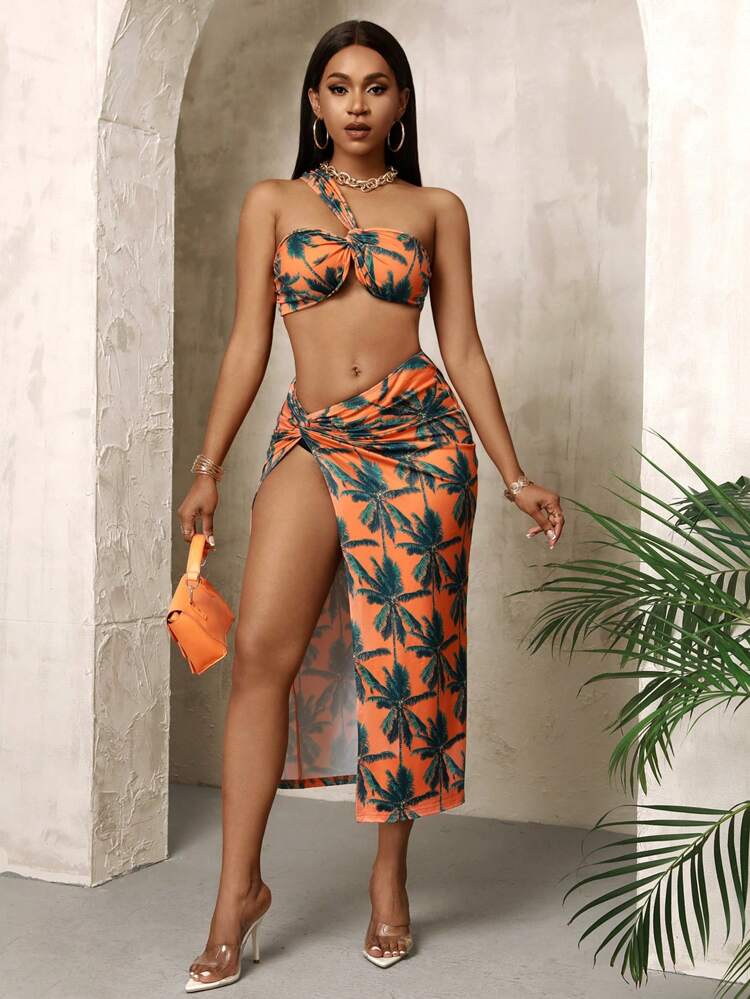 Cropped Top High Slit Long Skirt Coconut Print Orange Two-Piece Set