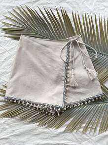 Soleia Vacation Women's Music Festival Wrap Skort With Ribbon Spliced Tassel Binding Texture Fabric Shorts - Apricot - View 5