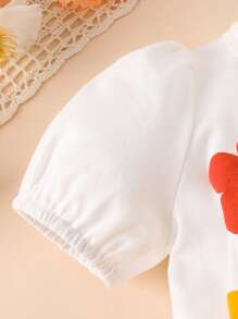 Baby Girl Cute Flower Foam Printed Puff Sleeve Top & Printed Skirt Set, Spring/Summer