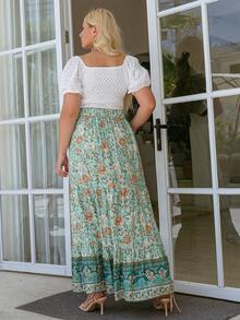 Simplee Women's Summer Printed Tie-Up Waist Ruched A-Line Skirt, Suitable For 4th Of July, Vacation Outfits - Green - View 2