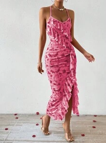 Chiquease Damskie Różowy Nadrukowany Pasek Spaghetti Głębokie rozcięcie Sukienki