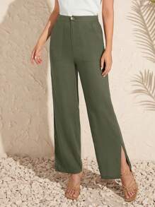 SHEIN Clasi Elegantes pantalones verde oliva con aberturas laterales rectos para mujer - Verde Oliva - Ver 6