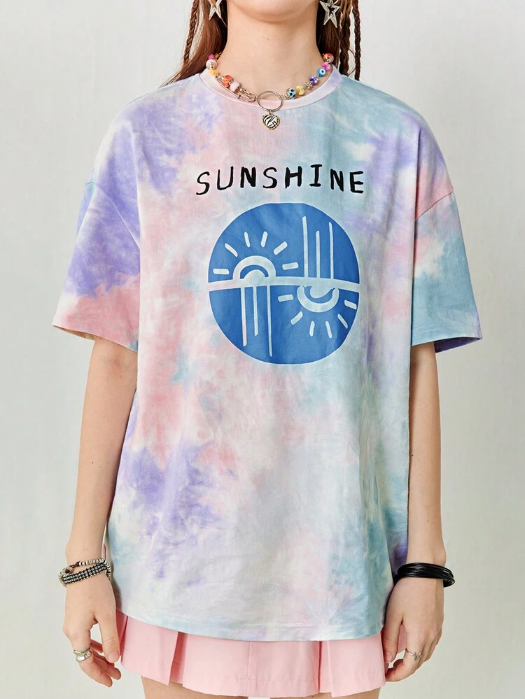 Women's Round Neck Off-Shoulder Short-Sleeved Tie-Dye Printed Loose Graphic Casual Street T-Shirt