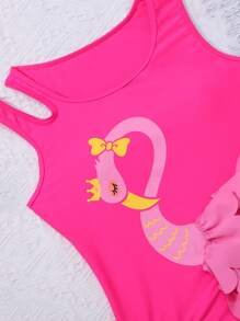 SHEIN Tween Girl Casualowy jednoczęściowy strój kąpielowy z wzorem łabędzia, lato