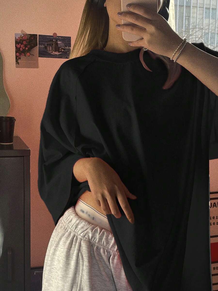 DAZY Women's Summer Loose-Fit Round Neck T-Shirt With Drop Shoulder Sleeves, Solid Color Oversized T-Shirt,Back To School Clothes