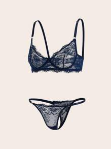 Charlaine Floral Lace Underwire Sexy Bra & Panty Lingerie Set - Navy Blue - View 3