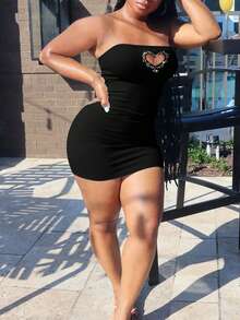 LovelyWholesale Summer Crystal Decor Heart Hollow Out Bandeau Bodycon Dress - Black - View 5