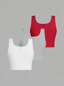SHEIN EZwear 3pcs Women Sleeveless Round Neck Form-Fitting Casual Cropped Tank Tops, Summer